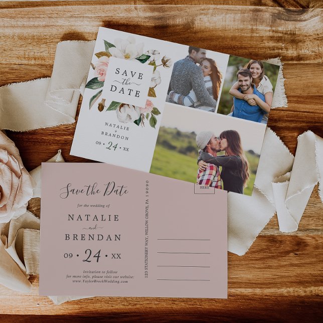 Elegant Magnolia | White 3 Photo Save the Date Invitation Postcard (Creator Uploaded)