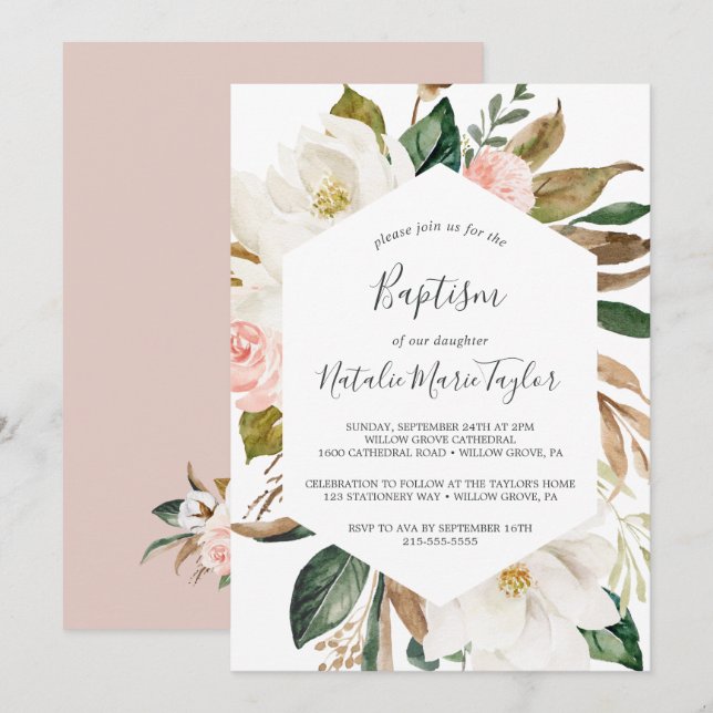 Elegant Magnolia | White and Blush Baptism Invitation (Front/Back)