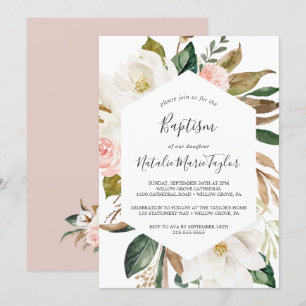Elegant Magnolia   White and Blush Baptism Invitation