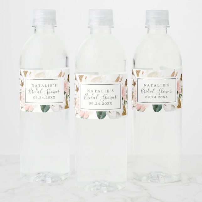Elegant Magnolia | White and Blush Bridal Shower Water Bottle Label (Bottles)