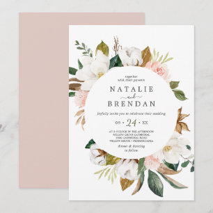 Elegant Magnolia   White and Blush Casual Wedding Invitation