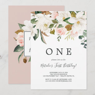 Elegant Magnolia   White and Blush First Birthday Invitation