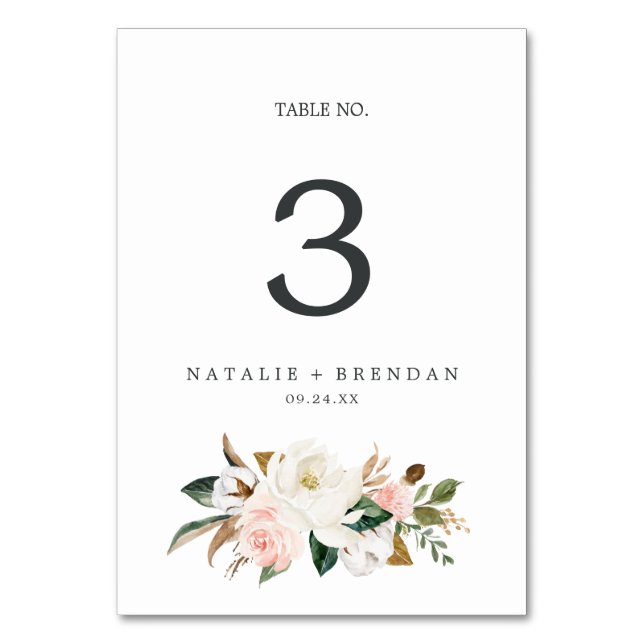 Elegant Magnolia | White and Blush Table Number (Front)
