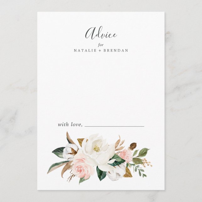 Elegant Magnolia | White and Blush Wedding Advice Card (Front)
