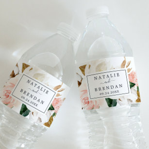 Elegant Magnolia   White and Blush Wedding Water Bottle Label