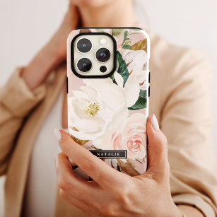 Elegant Magnolia   White & Blush Personalized Name iPhone 15 Case