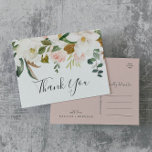 Elegant Magnolia White & Blush Thank You Postcard<br><div class="desc">This elegant magnolia white and blush thank you postcard is perfect for a modern classy wedding. The soft floral design features watercolor blush pink peonies, stunning white magnolia flowers with gold and green leaves in a luxurious arrangement. Personalize the back of the postcard with your names, your return address, and...</div>