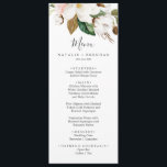 Elegant Magnolia White & Blush Wedding Dinner Menu<br><div class="desc">This elegant magnolia white and blush wedding dinner menu card is perfect for a modern classy wedding. The soft floral design features watercolor blush pink peonies, stunning white magnolia flowers and cotton with gold and green leaves in a luxurious arrangement. This menu can be used for a wedding reception, rehearsal...</div>