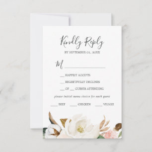 Elegant Magnolia   White Menu Choice RSVP Card
