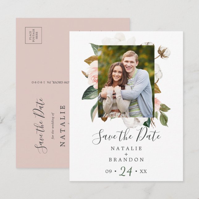 Elegant Magnolia | White Photo Save the Date Invitation Postcard (Front/Back)
