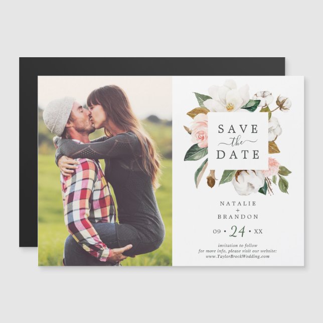Elegant Magnolia | White Photo Save the Date Magnetic Invitation (Front/Back)