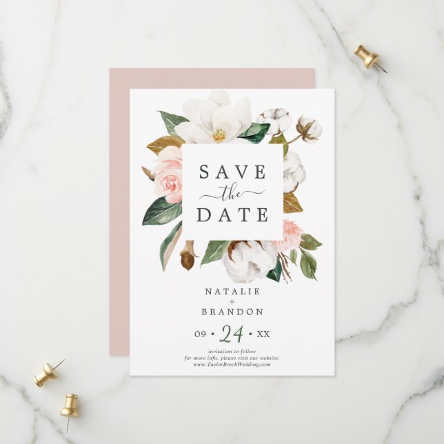Elegant Magnolia | White Save the Date Card (Front/Back In Situ)