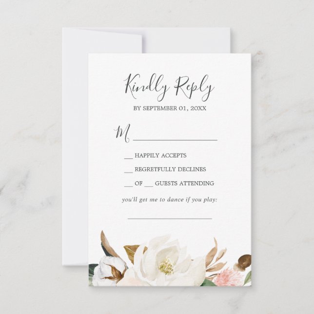 Elegant Magnolia | White Song Request RSVP Card (Front)