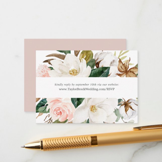 Elegant Magnolia | White Wedding Website RSVP Enclosure Card (Front/Back In Situ)