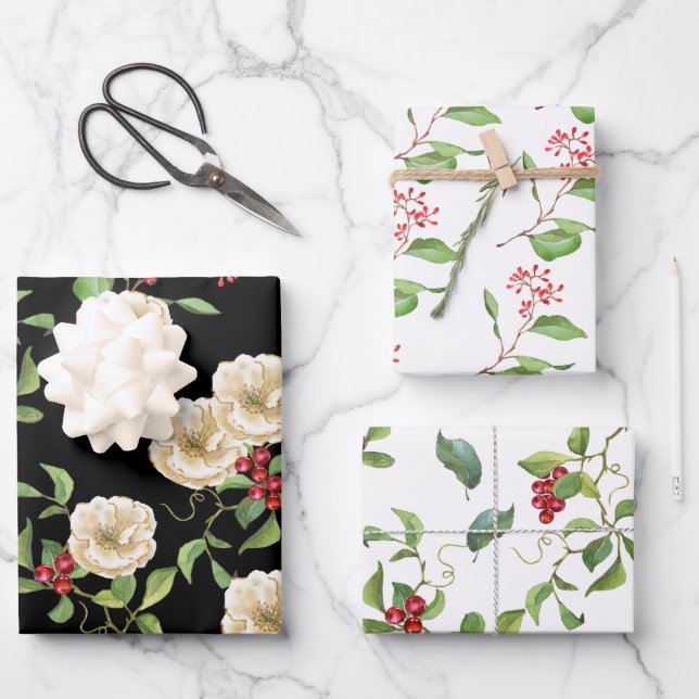 Elegant Magnolia with Berries and Foliage Holiday Wrapping Paper Sheet (Front)