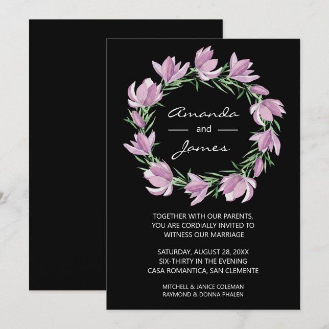Elégant Magnolia Wreath Wedding Invitations (Devant / Derrière)