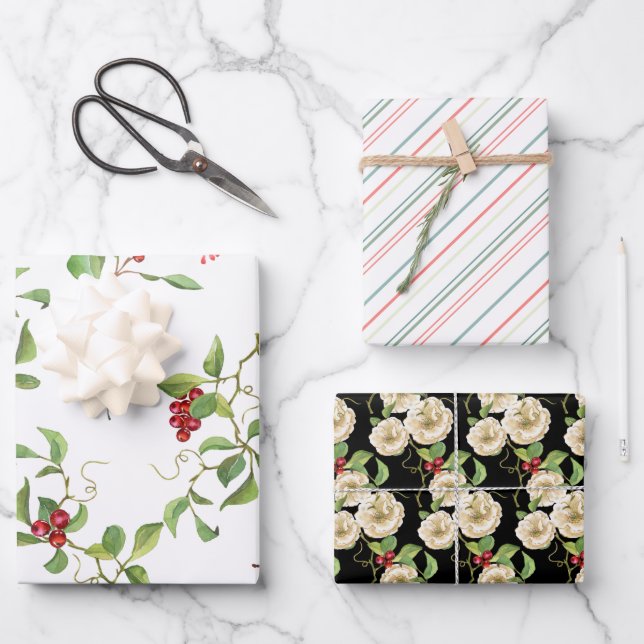Elegant Magnolias and Red Berry Foliage Holiday  Wrapping Paper Sheet (Front)