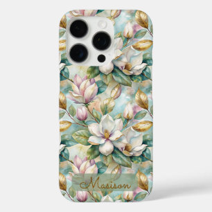 Elegant Magnolias Flowers Gold with Name iPhone 16 Pro Case
