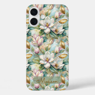 Elegant Magnolias Flowers Gold with Name iPhone 16 Plus Case