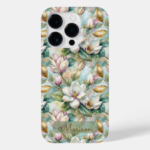 Elegant Magnolias Flowers Gold with Name Case-Mate iPhone 14 Pro Case
