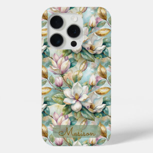 Elegant Magnolias Flowers Gold with Name iPhone 15 Pro Case