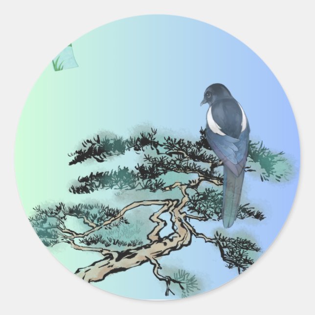Elegant Magpie Bird Bonsai Aesthetic Sticker  (Front)