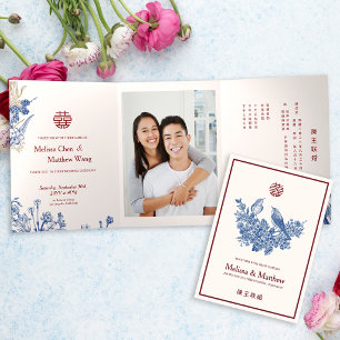 Elegant Magpie Floral Chinese Wedding Tri-Fold Invitation