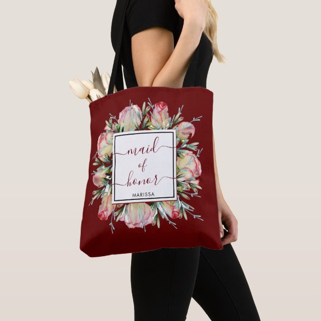 Elegant Maid of Honour Burgundy Wedding Gift Tote Bag (Close Up)