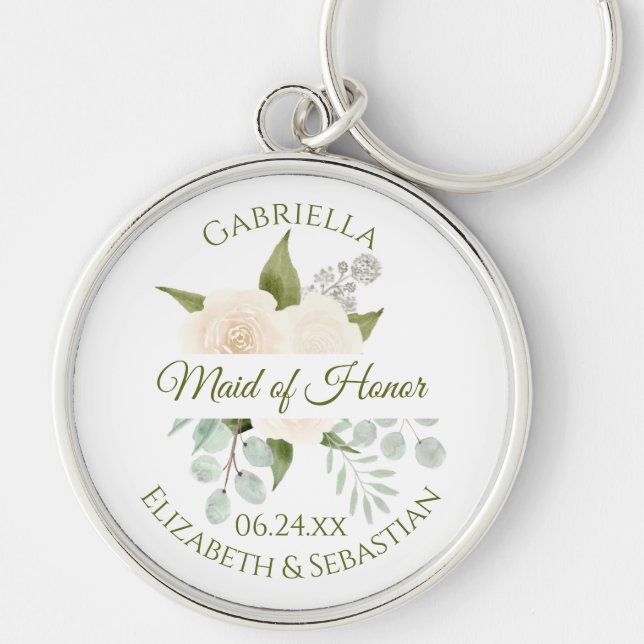 Elegant Maid of Honour Ivory Peach Roses Wedding Keychain (Front)