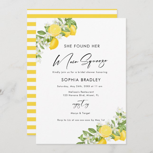 Elegant Main Squeeze Bridal Shower Invitation (Front/Back)