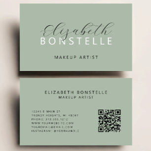 Elegant Makeup Artist QR Code Sage Green Business Card