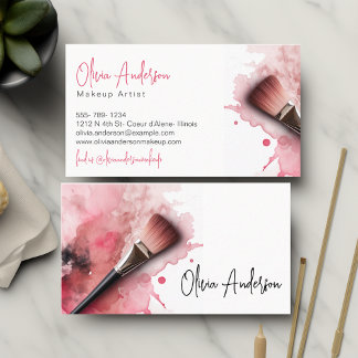 Elegant Makeup Brush And Abstract Pink Watercolor  Business Card