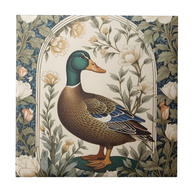 Elegant Mallard Duck William Morris Inspired  Tile (Front)