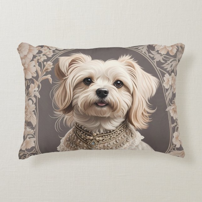 Elegant Maltese Dog William Morris Inspired Accent Pillow (Front)