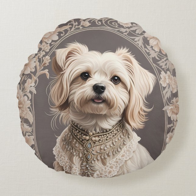 Elegant Maltese Dog William Morris Inspired Round Pillow (Front)