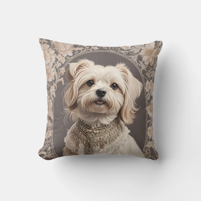 Elegant Maltese Dog William Morris Inspired Throw Pillow (Front)