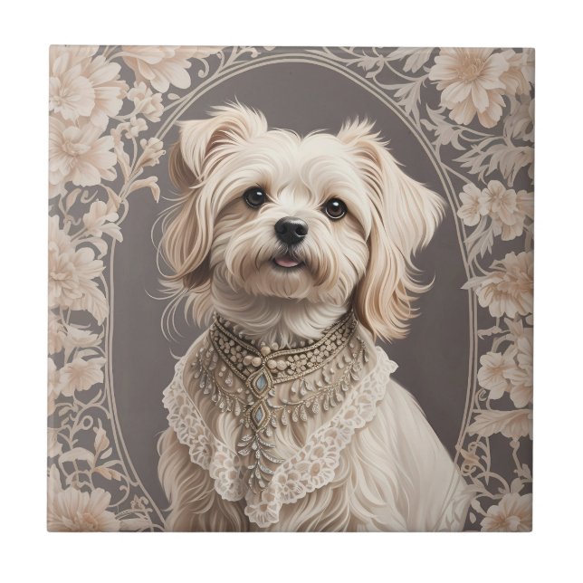 Elegant Maltese Dog William Morris Inspired Tile (Front)