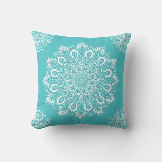 Elegant Mandala Aqua Turquoise Teal Outdoor Pillow (Front)