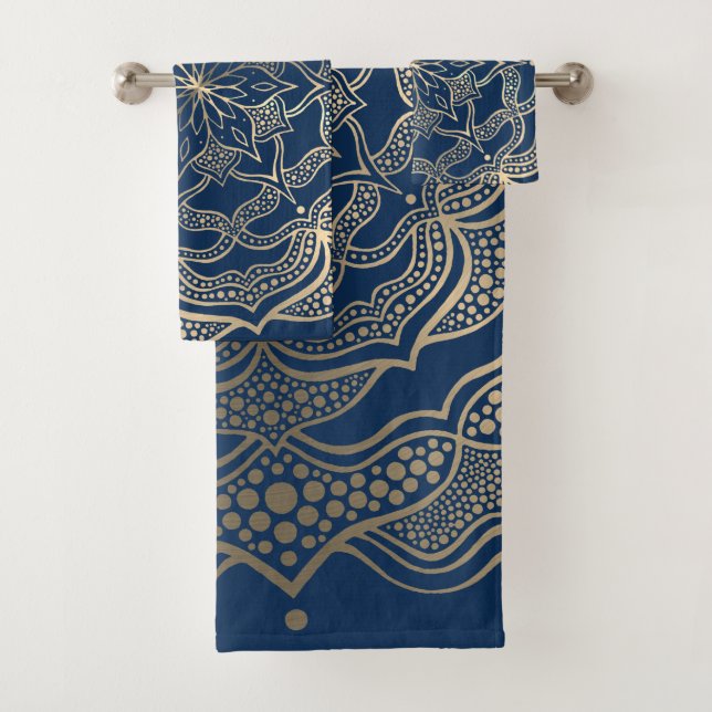 Elegant Mandala Art Boho Gold and Navy Blue Luxury Bath Towel Set (Insitu)