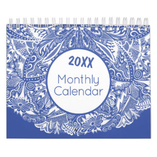 Elegant Mandala Art Colorful Blue White Monthly Calendar