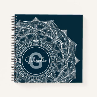Elegant Mandala Art Monogram Initial Name Blue Notebook