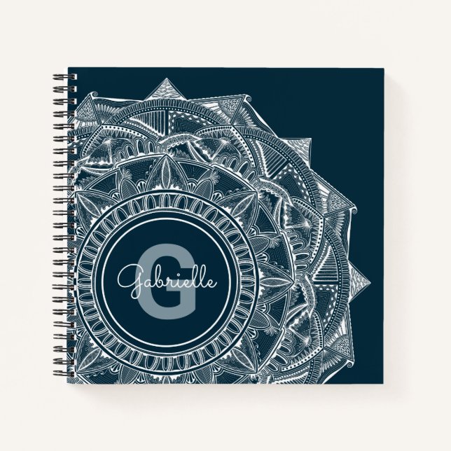 Elegant Mandala Art Monogram Initial Name Blue Notebook (Front)