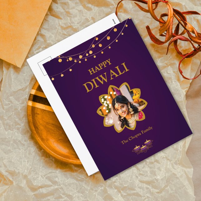 Elegant Mandala custom Photo Purple Golden diwali  Holiday Postcard (Creator Uploaded)