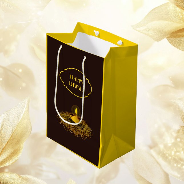 Elegant mandala diya custom brown gold diwali  medium gift bag (Creator Uploaded)