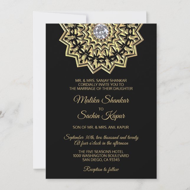 Elegant Mandala Gold Black Indian Wedding Invitation (Front)