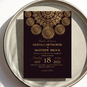 Elegant Mandala Gold Ornate Burgundy Wedding Invitation