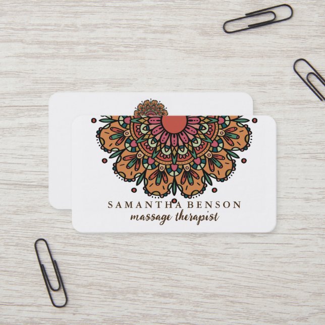 Elegant Mandala Lotus Flower Massage Therapist Business Card (Front/Back In Situ)