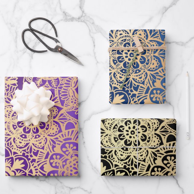 Elegant Mandala Pattern Purple Blue Gold Black Wrapping Paper Sheet (Front)