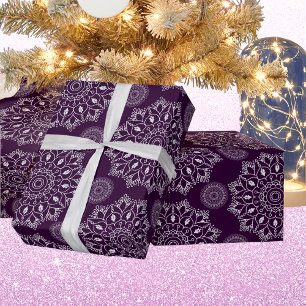 Elegant mandala pattern purple silver diwali  wrapping paper