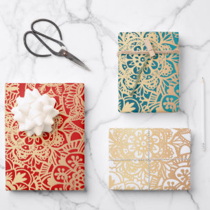 Elegant Mandala Pattern Red Green Gold Wrapping Paper Sheet